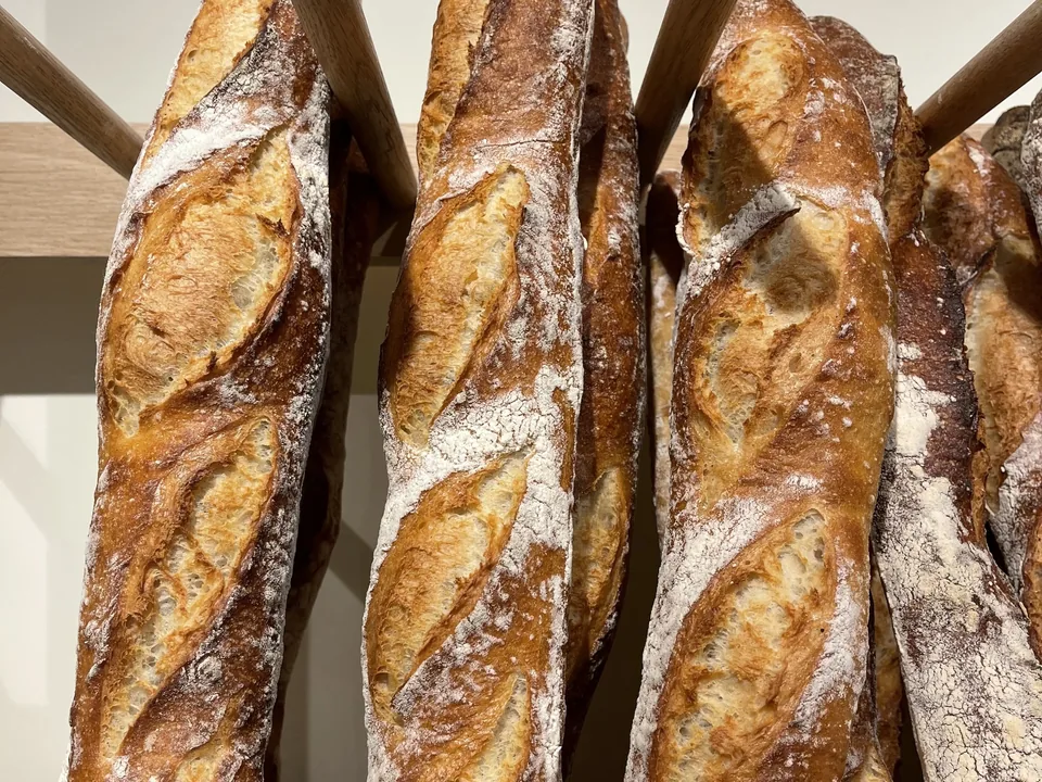 Des baguettes au levain dressées dans leur présentoir en bois, la croûte dorée et farinée, grignes bien ouvertes.