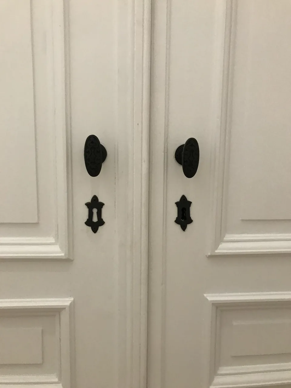 Une double porte moulurée blanche, ses deux boutons ovales ouvragés et ses entrées de serrure en noir mat.