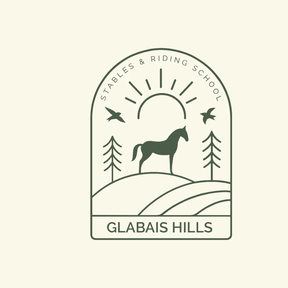 Glabais Hills logo, Stables & Riding School: a horse on a hill, beneath a rising sun.
