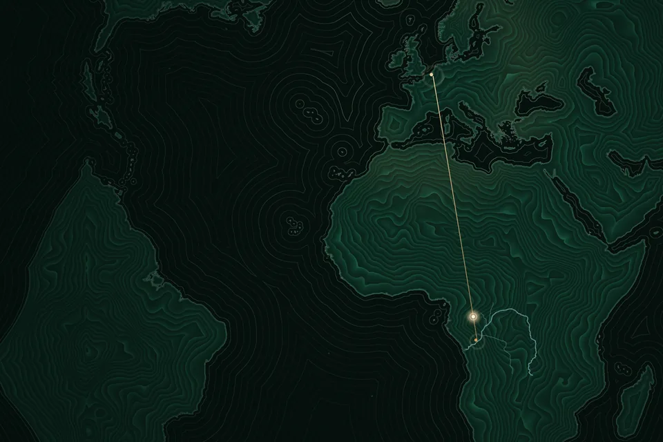 A dark green topographic map of the Atlantic, Europe and Africa, a line of light joining Brussels to Kinshasa.