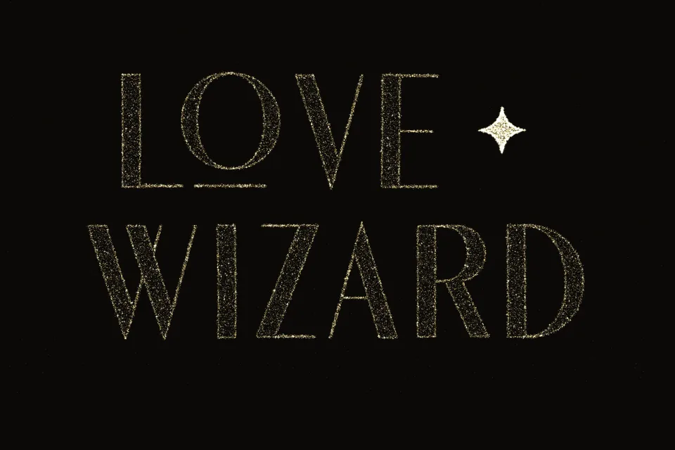 The words LOVE WIZARD drawn in golden stardust on black, a four-pointed star on the right.