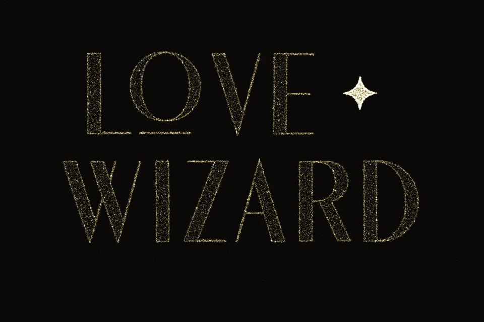 The words LOVE WIZARD drawn in golden stardust on black, a four-pointed star on the right.