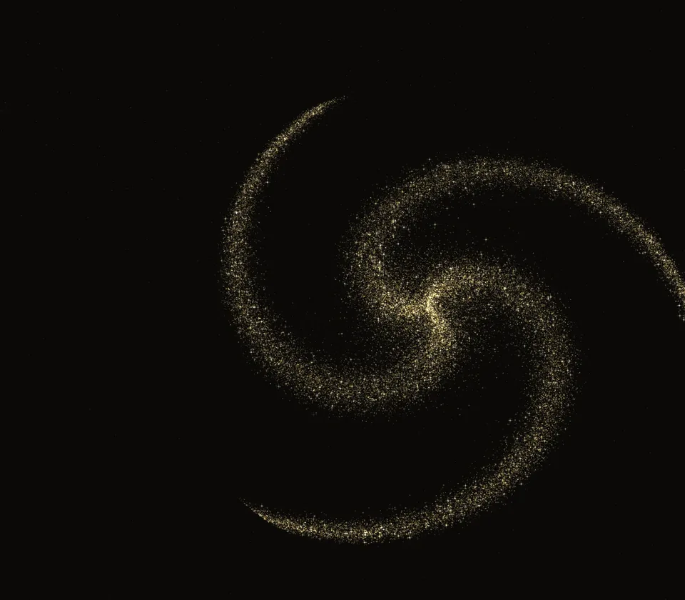 A spiral galaxy of golden particles on black.