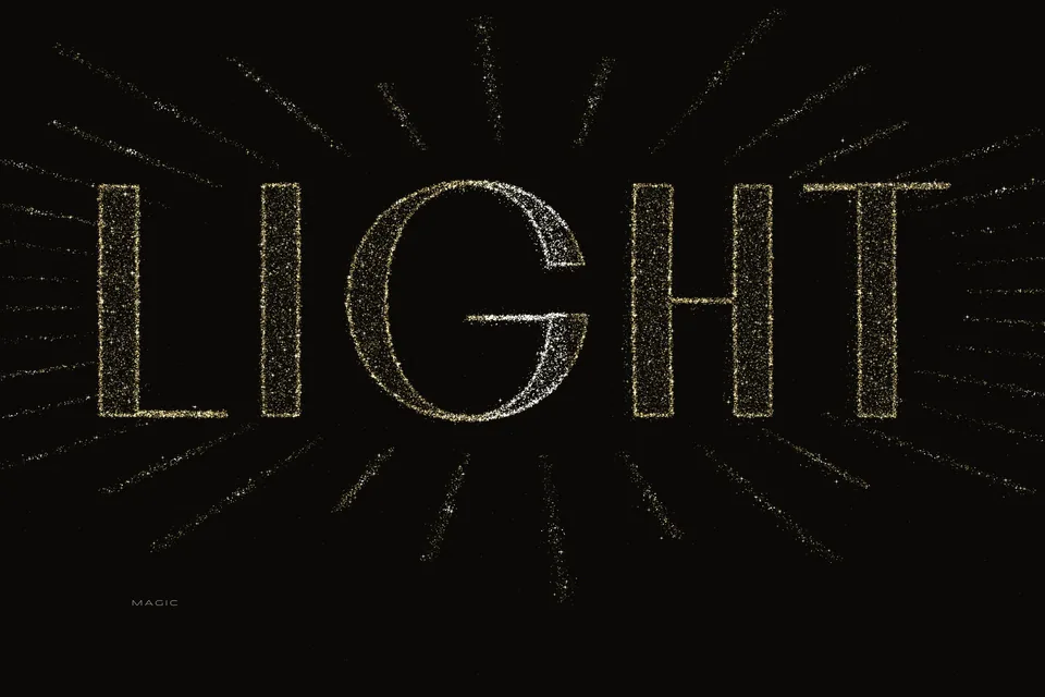 The word LIGHT in golden particles, with rays of light spreading from it.