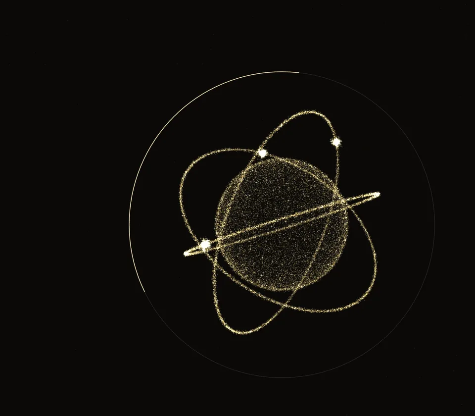 A planet of golden particles circled by orbits, the image of its AI agents.