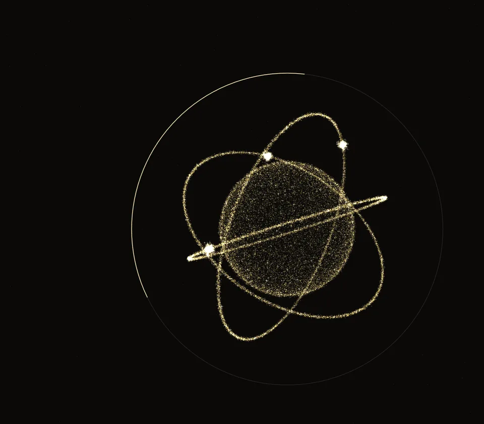 A planet of golden particles circled by orbits, the image of its AI agents.